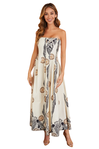 Abstract Daisy Floral Print Strapless Smocked Back Dress