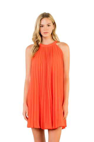 Sleeveless Pleated Halter Neck Flowy Mini Dress