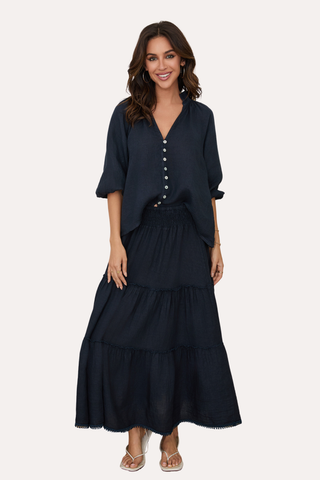 Linen Balloon Sleeve V-Neck Blouse - Navy