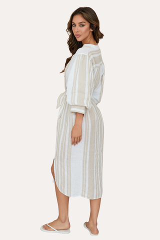 Stripe Bubble Sleeve Linen Dress with Tie