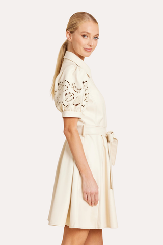 Faux Leather Embroidered Cut Out Sleeve Dress - Bone