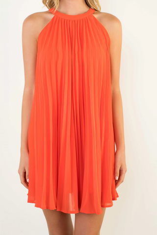 Sleeveless Pleated Halter Neck Flowy Mini Dress