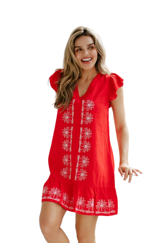 Red Flame V-Neck Ruffle Hem Dress