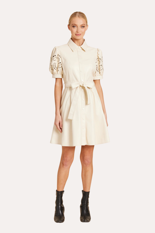 Faux Leather Embroidered Cut Out Sleeve Dress - Bone