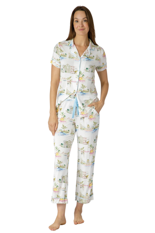 I Love Charleston Knit Button Down SS Top and Crop Pant Set - Rainbow Row Print