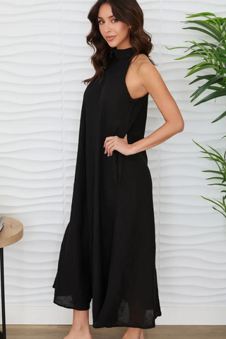 Solid Linen Mock Neck Maxi Dress - Chocolate Brown