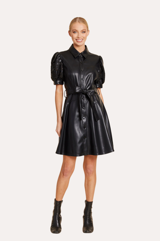 Faux Leather Embroidered Cut Out Sleeve Dress - Black